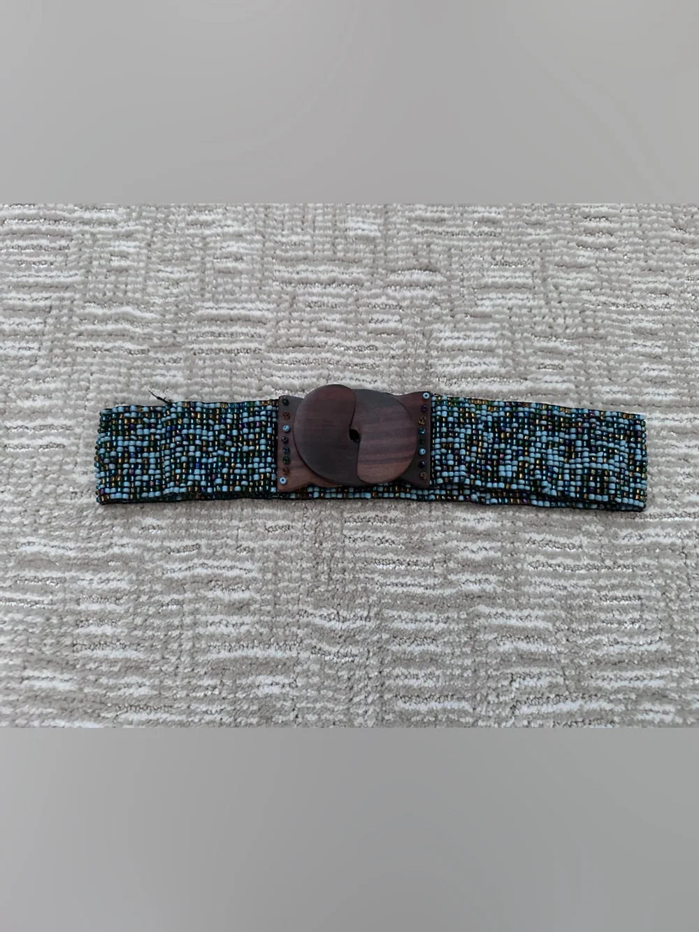 Beaded Stretch Waist Belt with Wooden Buckle - Black & Teal